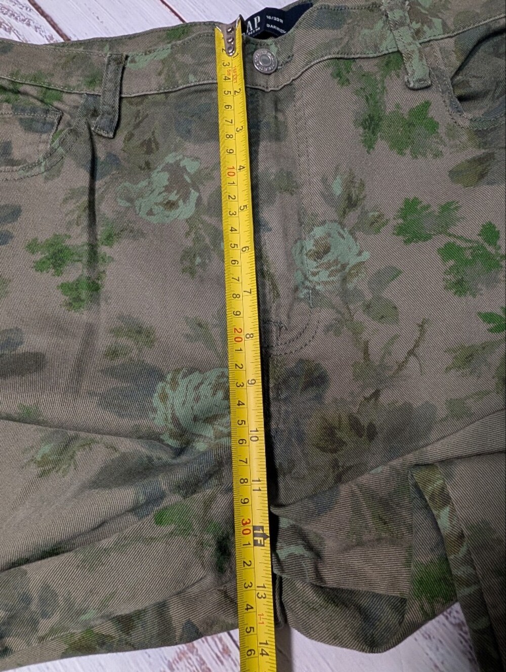 GAP High Rise Barrel Jeans Green Olive Floral Print Utility Size 16 - Picture 9 of 11